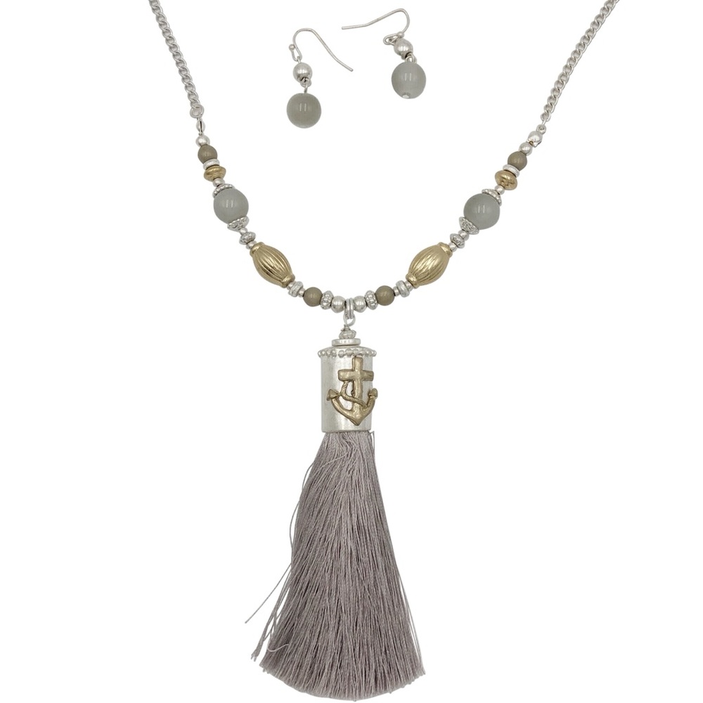 Long Grey Anchor Tassel Necklace Earrings Set
